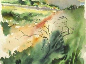 Watercolour of the view looking out over False Bay from Helderberg Reserve